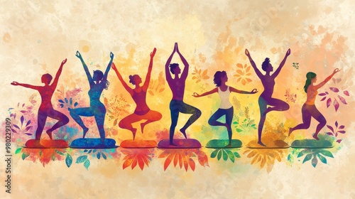 21. A detailed illustration of diverse people performing asana and meditation practices, celebrating International Yoga Day on 21st June, with vibrant colors and dynamic poses