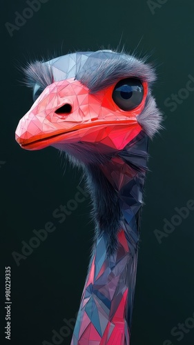 An ostrich in a stylized 3D illustration, featuring geometric shapes and a sleek, modern aesthetic. photo