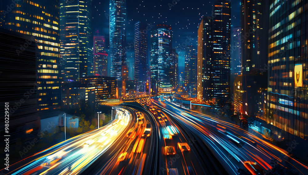 Naklejka premium A bustling city at night, with skyscrapers illuminated and traffic creating streaks of light