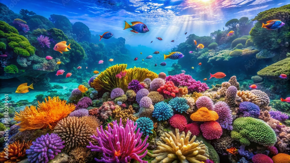 Obraz premium Vibrant coral reefs teeming with diverse marine life, including exotic fish and colorful sea anemones, in the crystal-clear waters of the Andaman Sea, Thailand.