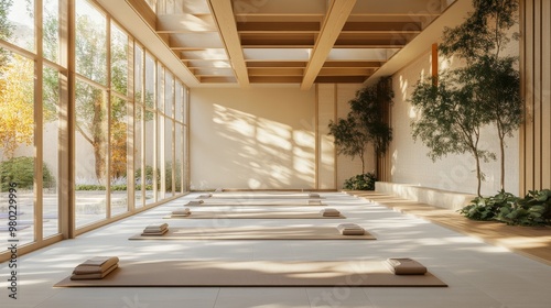 35. A bright and serene yoga studio with an abundance of natural light, yoga mats and towels arranged meticulously, offering a tranquil indoor setting and ample copy space photo