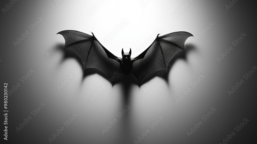 A single bat silhouette projected onto an empty wall, minimalist Halloween aesthetic A single bat silhouette projected onto an empty wall, minimalist Halloween aesthetic
