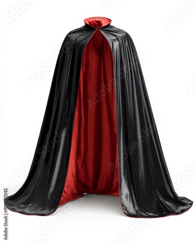 A vampire cape with red lining, draped on a white background