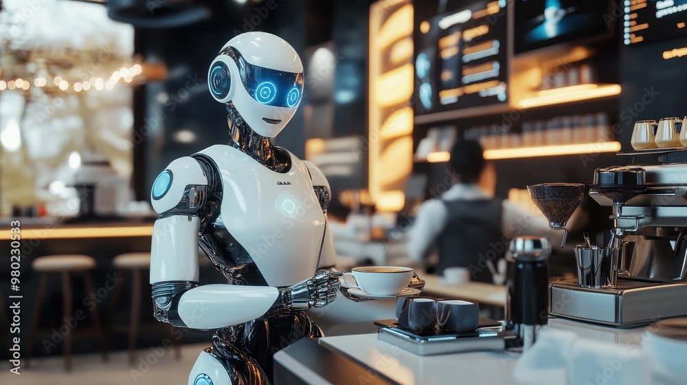 Robot Barista Serving Coffee in a Modern Cafe Robot Barista Serving Coffee in a Modern Cafe