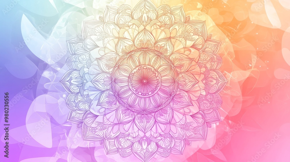 51. A round mandala with intricate floral patterns set against a colorful gradient background, featuring a translucent mesh design that creates a serene and pastel yoga template