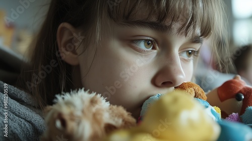 Child contemplating with soft toys - exploring themes of compulsion and comfort for emotional expression photo