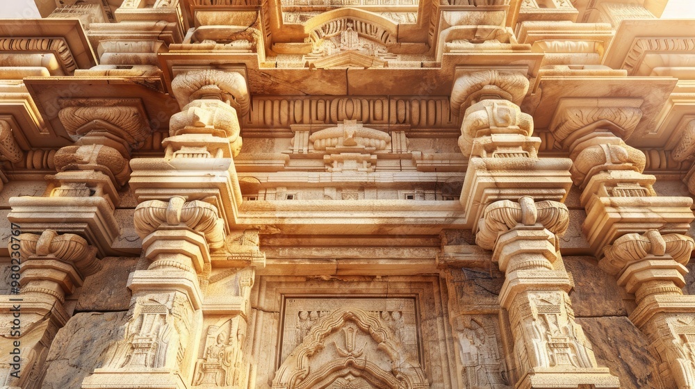 Textured sandstone facade with intricate carvings and warm, sandy tones, showcasing the craftsmanship of ancient architecture. Textured sandstone facade with intricate carvings and warm, sandy tones, showcasing the craftsmanship of ancient architecture.