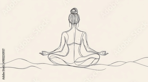 59. A sophisticated vector line art of a woman practicing yoga in lotus pose, rendered in a single continuous line style, highlighting the elegance of minimalist design