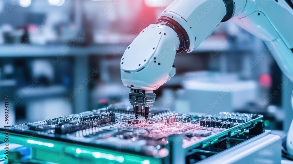Robotic Arm Assembling Electronic Circuit Board Robotic Arm Assembling Electronic Circuit Board