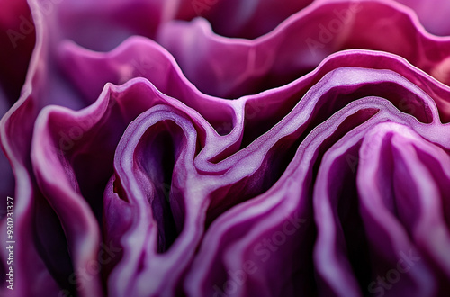 A close up of the interior texture and pattern inside a sliced purple cabbage photo