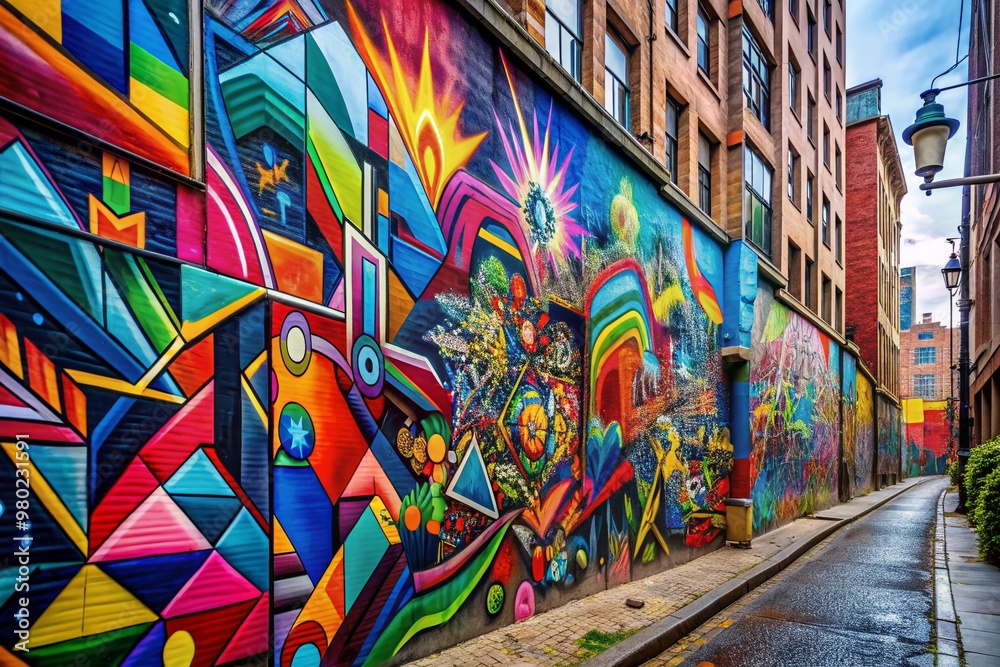 Fototapeta premium Vibrant abstract patterns in trendy colors adorn urban walls, showcasing the city's contemporary culture through intricate, stylish graffiti fragments and abstract markings.