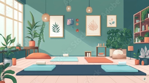 98. A stylish vector flat illustration depicting a home interior dedicated to yoga, with soft lighting, comfortable mats, and calming decorative accents photo