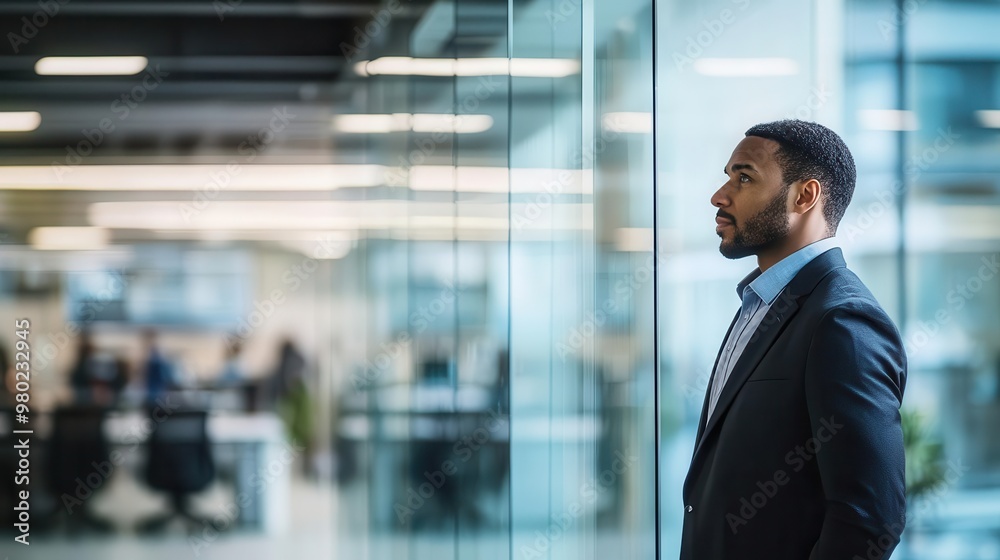 A professional man stands confidently by a glass wall in a modern office, contemplating his next career move and future opportunities. A professional man stands confidently by a glass wall in a modern office, contemplating his next career move and future opportunities.
