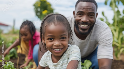 Family enjoying springtime gardening with children in a vegetable garden for nature-themed print