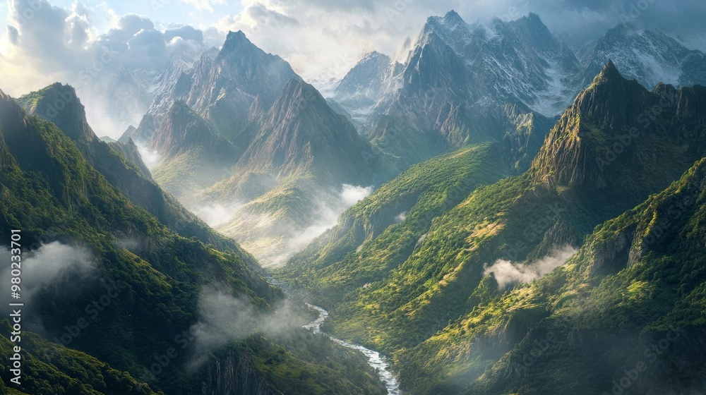 Mountain travel scenery with peaks towering over a valley, mist rolling over the slopes, and a river cutting through Mountain travel scenery with peaks towering over a valley, mist rolling over the slopes, and a river cutting through