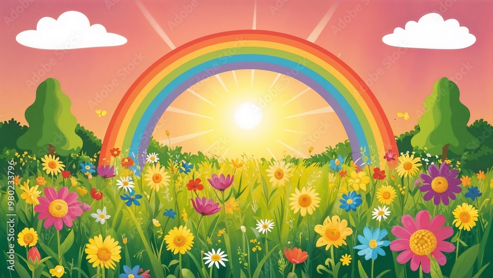 meadow with flowers, rainbow in the background 