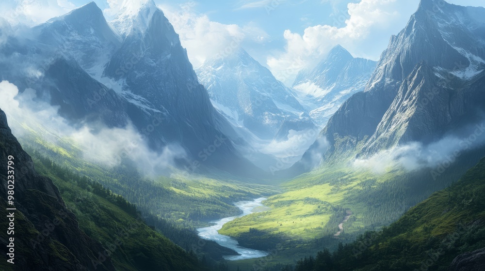 Obraz premium Mountain travel scenery with peaks towering over a valley, mist rolling over the slopes, and a river cutting through
