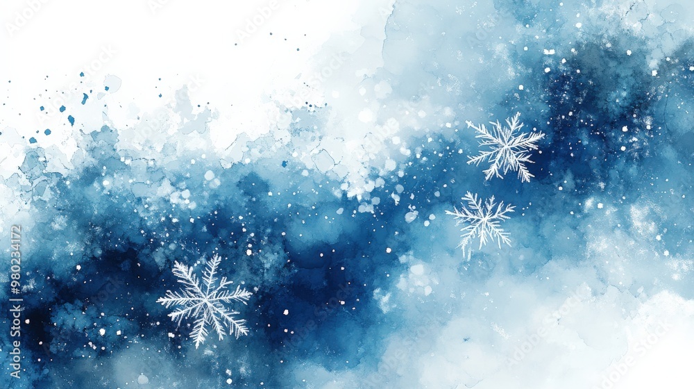 Delicate Winter Snowflakes on a Watercolor Blue Background Delicate Winter Snowflakes on a Watercolor Blue Background