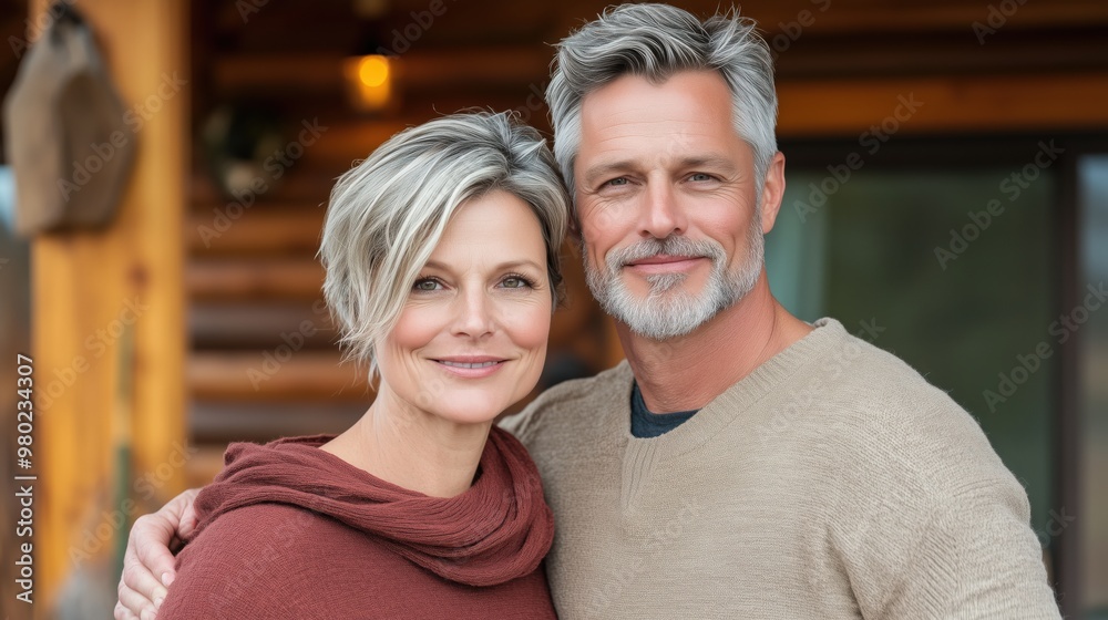 Obraz premium Happy couple in 50s embracing outdoors for a spring getaway mood