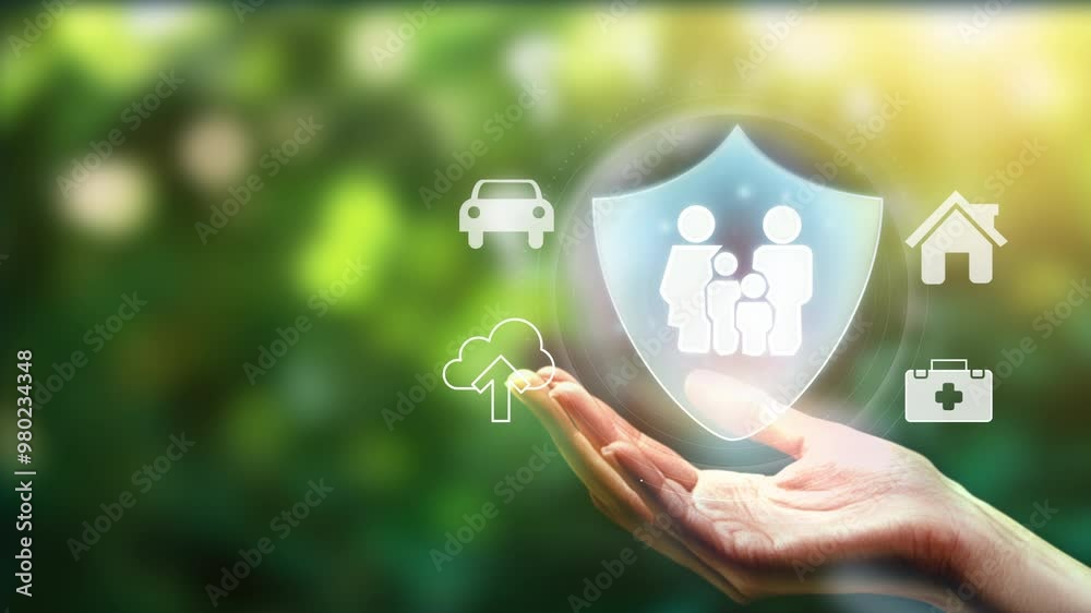 An insurance plan for a family with icons and a hand holding a top element. Protect your family.