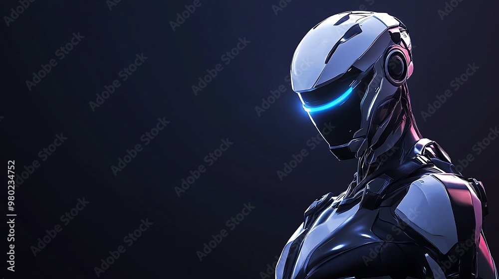 Futuristic Cyborg Wearing a White Helmet and Blue Lights Futuristic Cyborg Wearing a White Helmet and Blue Lights