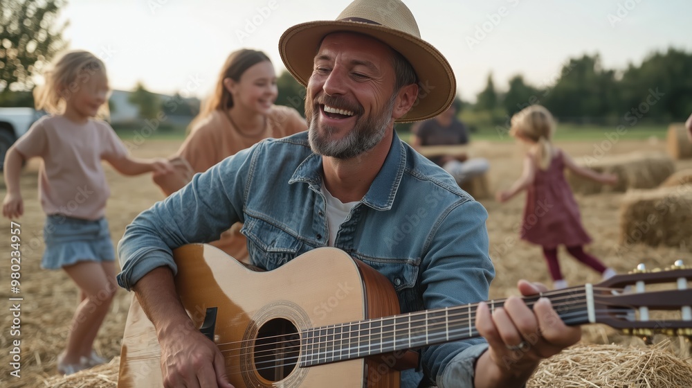 Fototapeta premium Joyful family moments: father playing guitar on a sunny day in a field for spring celebration visuals