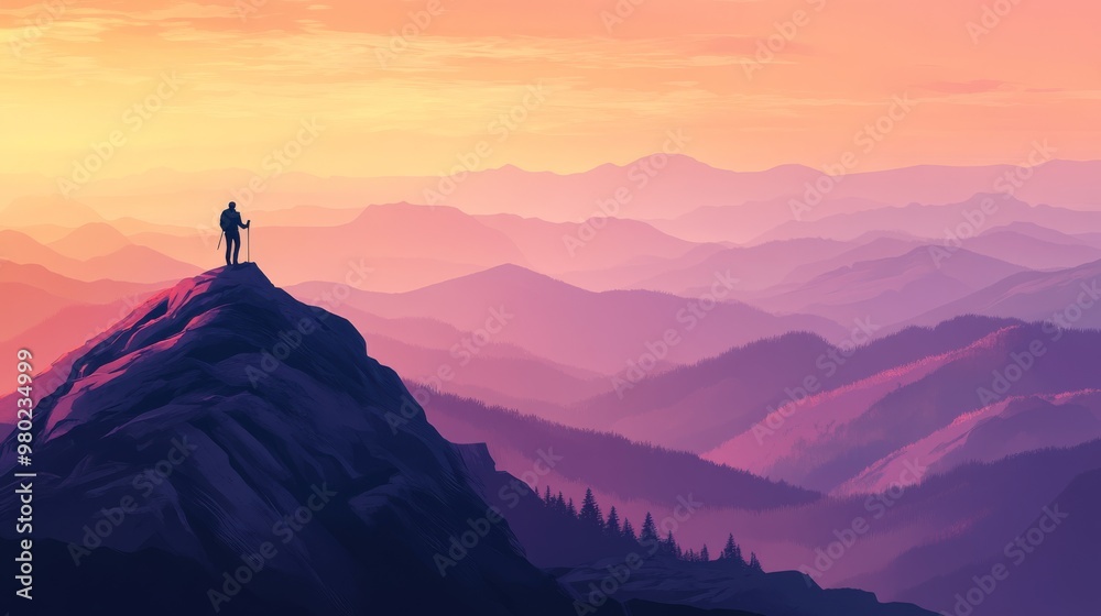 Peaceful solo travel background with a lone hiker standing atop a mountain, gazing at the vast landscape below Peaceful solo travel background with a lone hiker standing atop a mountain, gazing at the vast landscape below