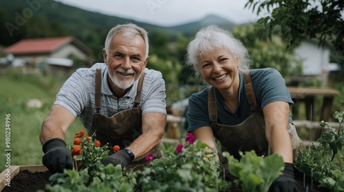 Wallpaper Mural Joyful gardening: senior couple cultivating vibrant spring blooms for relaxation and leisure Torontodigital.ca