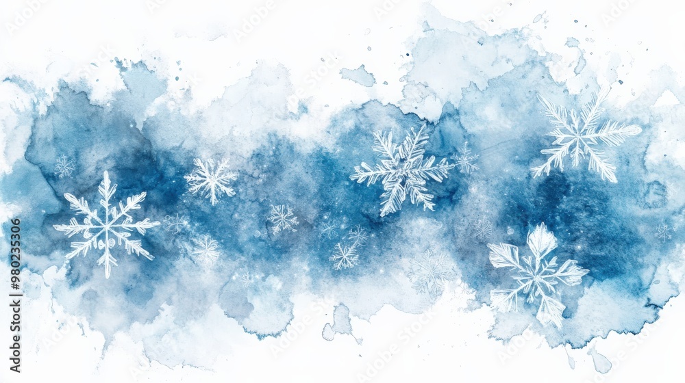 Delicate Winter Snowflakes on a Watercolor Blue Background Delicate Winter Snowflakes on a Watercolor Blue Background