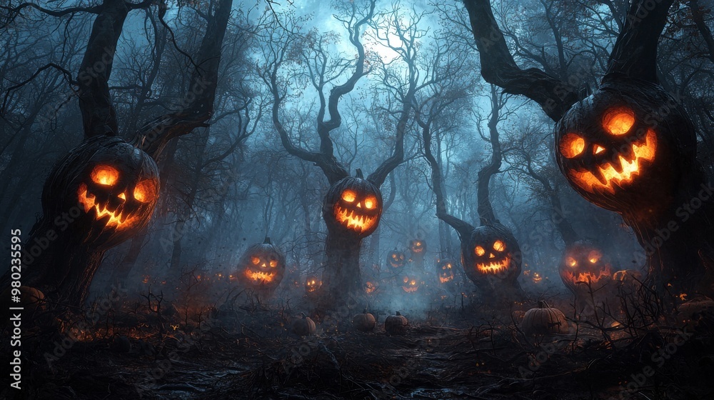 Enchanted forest where trees wear jack-o'-lantern faces, glowing softly in the moonlight Enchanted forest where trees wear jack-o'-lantern faces, glowing softly in the moonlight