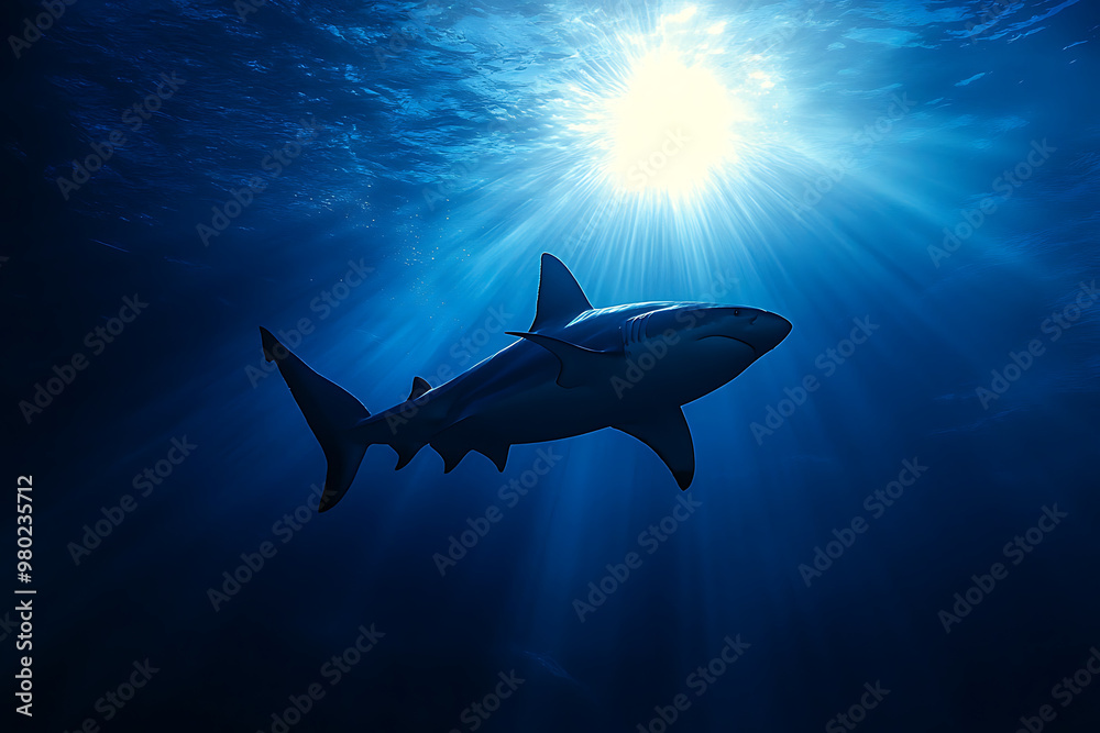 Obraz premium A shark swimming in deep blue water with sunlight filtering through the surface.