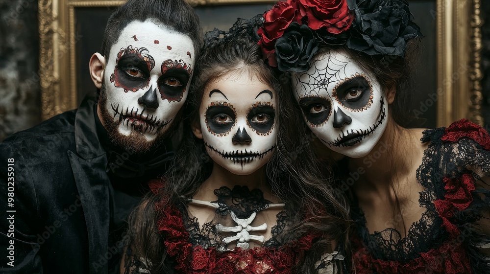 Family dressed as famous haunted paintings, each framed in eerie golden frames, Halloween costume Family dressed as famous haunted paintings, each framed in eerie golden frames, Halloween costume