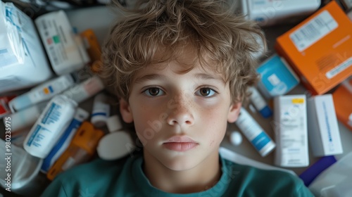 Munchausen syndrome depiction with child surrounded by pharmaceuticals for awareness campaign photo