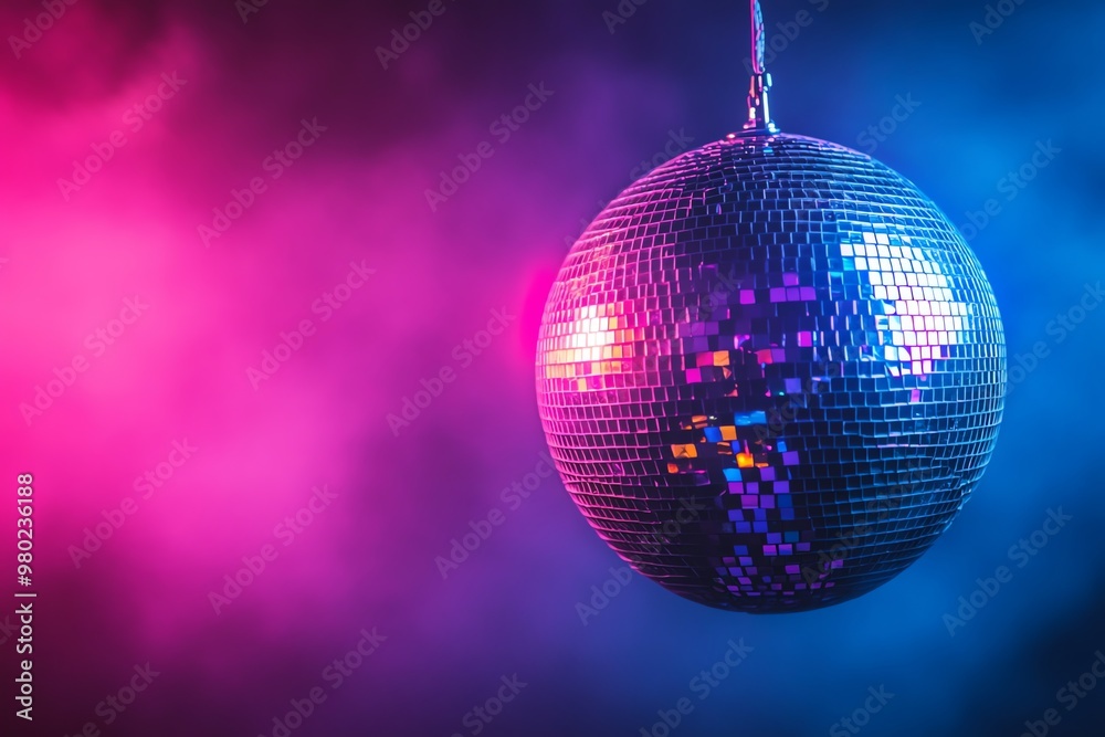 Obraz premium Disco ball hanging in a dark room illuminated by pink and blue lights.