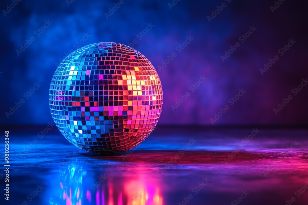 Obraz premium Disco ball on a reflective surface illuminated by blue and purple lights.