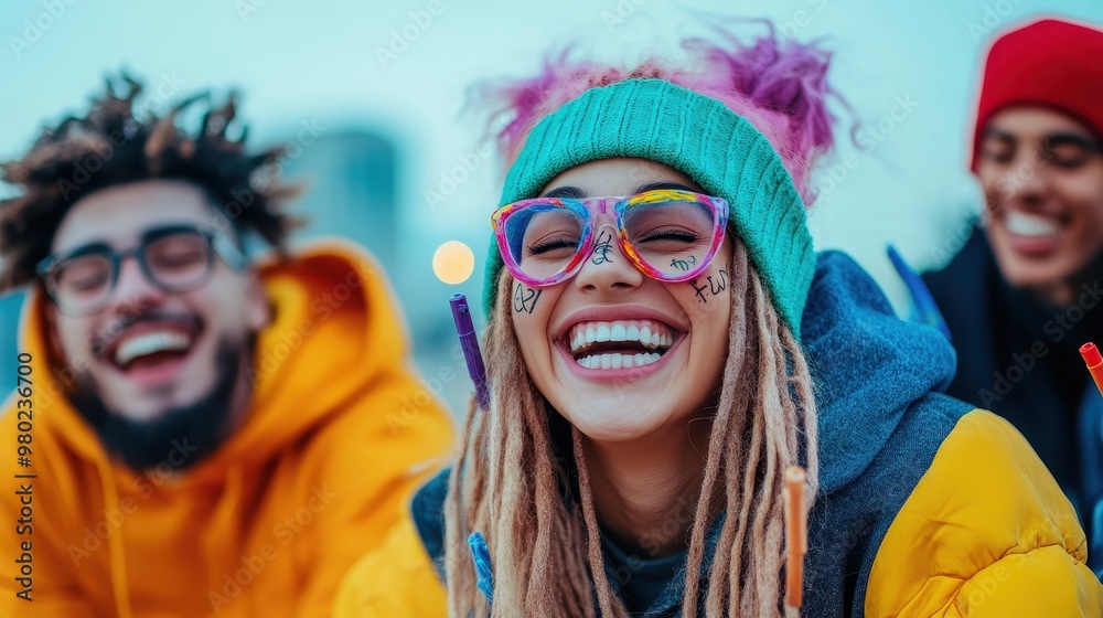 Group of happy young friends enjoying a snowy winter party outdoors Group of happy young friends enjoying a snowy winter party outdoors