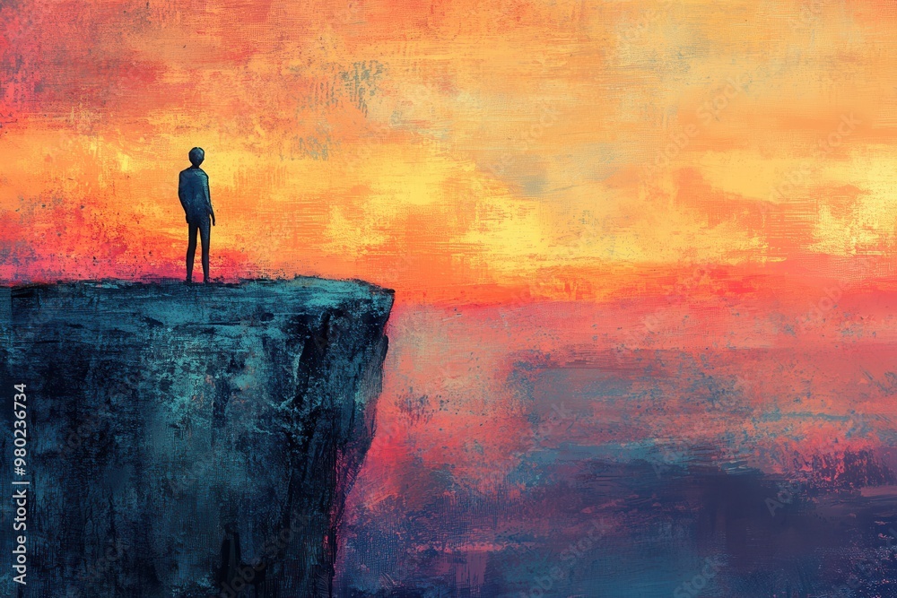 Fototapeta premium Feeling on the Brink - Illustration of a Teen Standing at the Edge of a Cliff Symbolizing Uncertainty and Vulnerability
