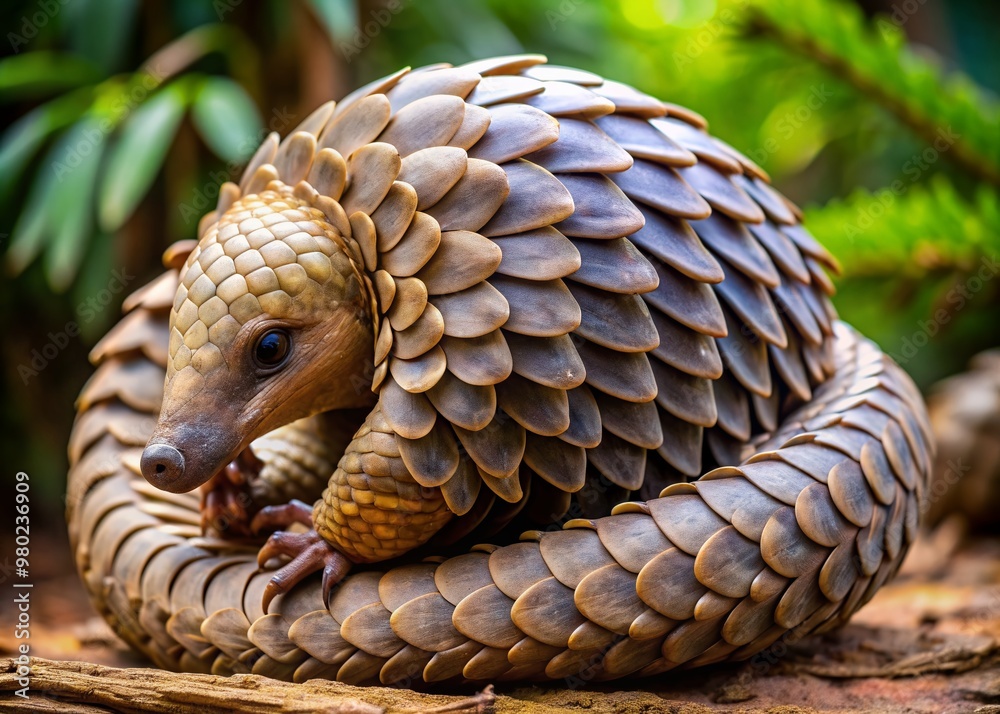 Pangolins, unique mammals covered in tough overlapping scales, curled up defensively, showcasing their distinctive armor-like bodies and long snouts in a natural habitat setting. Pangolins, unique mammals covered in tough overlapping scales, curled up defensively, showcasing their distinctive armor-like bodies and long snouts in a natural habitat setting.