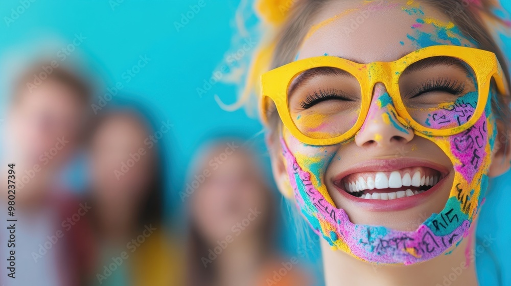 Joyful young woman in vibrant sunglasses and floral outfit smiling with enthusiasm and positive energy Joyful young woman in vibrant sunglasses and floral outfit smiling with enthusiasm and positive energy