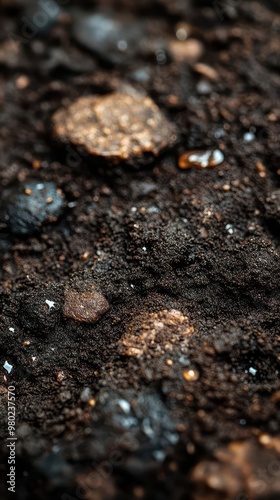 closeup of rich dark soil teeming with life visible microorganisms earthworms roots mineral particles dewdrops glistening earthy color palette macro photography