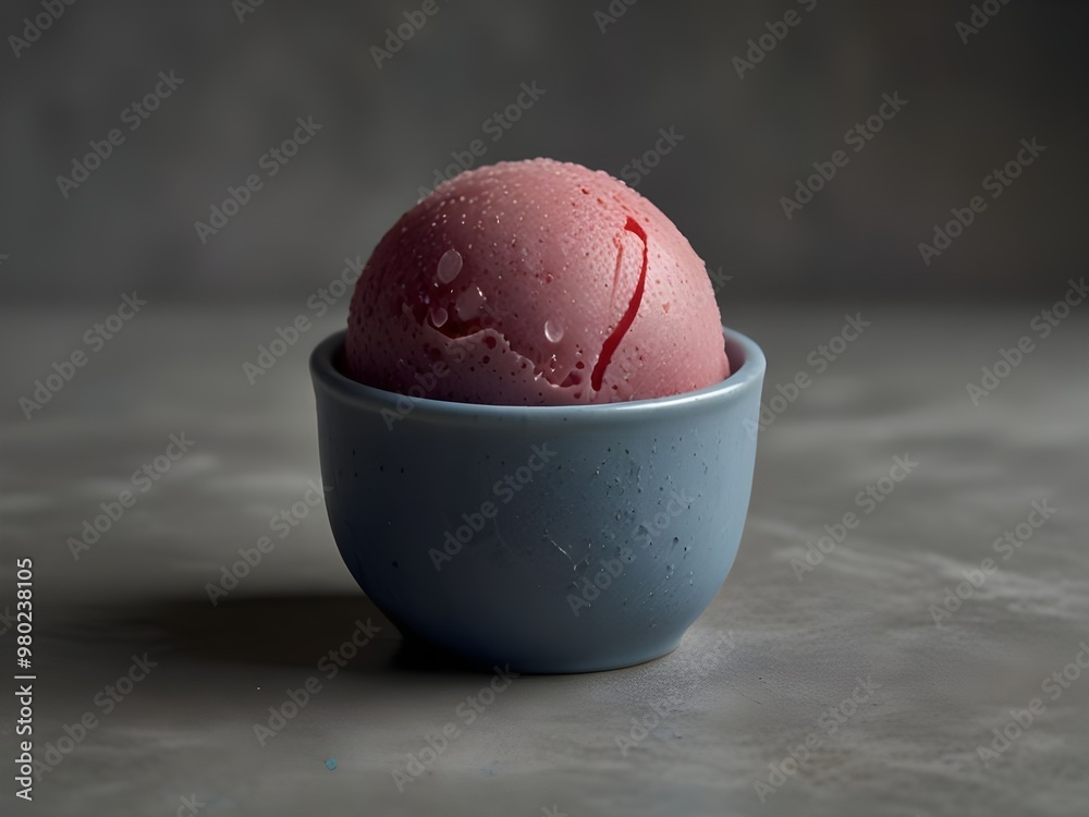 A highly detailed, cinematic close-up photograph of a solitary, exquisite, and realistic blueberry ice sorbet ball, glistening with subtle condensation droplets, delicately placed in a simple