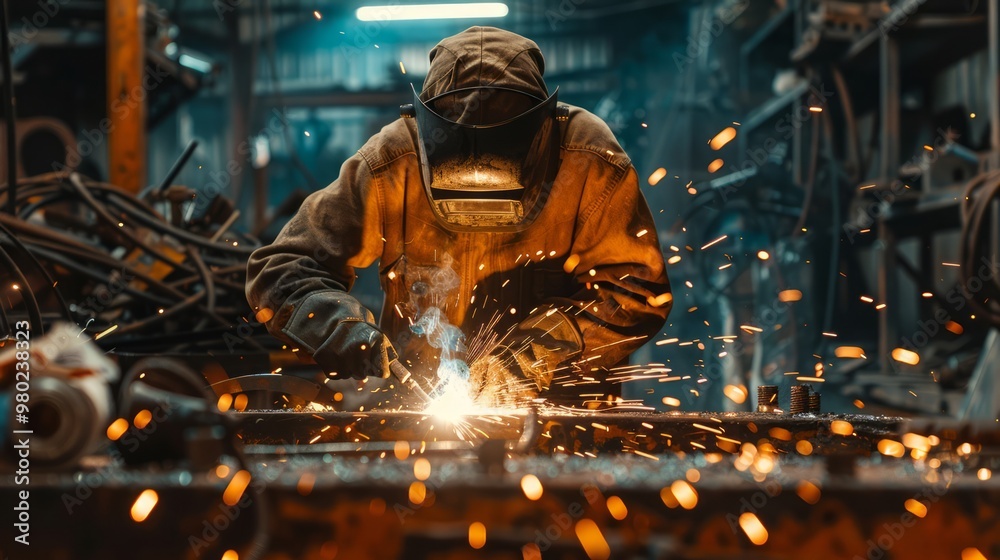 Welding sparks lighting up a dark, gritty workshop, welder surrounded by rustic metal surfaces, industrial equipment and tools in the background Welding sparks lighting up a dark, gritty workshop, welder surrounded by rustic metal surfaces, industrial equipment and tools in the background