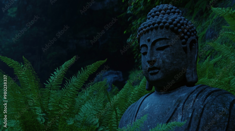 Serene buddha statue amidst ferns for meditation and zen decor Serene buddha statue amidst ferns for meditation and zen decor