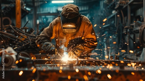 Welding sparks lighting up a dark, gritty workshop, welder surrounded by rustic metal surfaces, industrial equipment and tools in the background