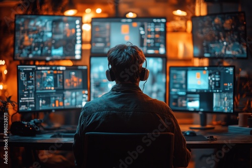 Man Sitting at Desk With Multiple Monitors