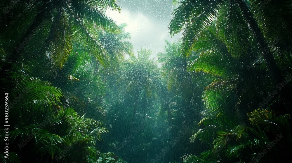 Obraz premium Tropical rain shower over a dense jungle, wet weather, lush and vibrant, medium angle shot