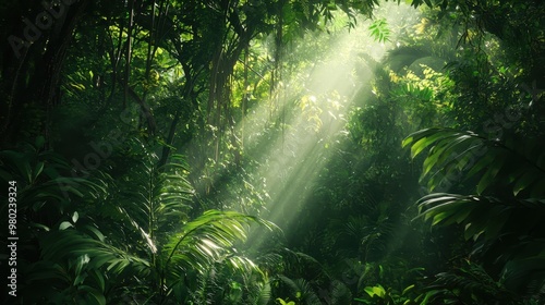 Sunlight Filtering Through a Lush Rainforest Canopy