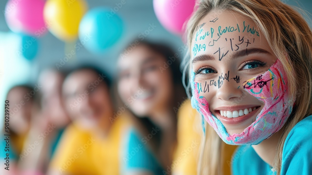 Young women smiling and laughing joyfully together with colorful balloons and confetti in Young women smiling and laughing joyfully together with colorful balloons and confetti in
