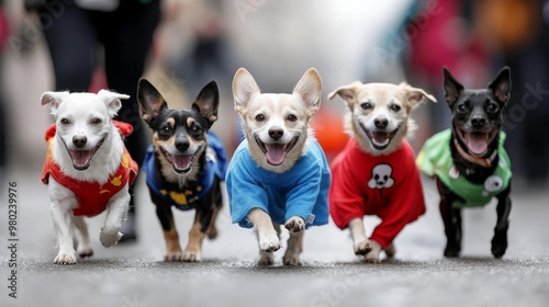 Halloween parade for dogs wearing tiny costumes, from superheroes to ghosts photo