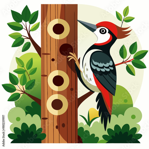 woodpecker peeking at a tree vector photo